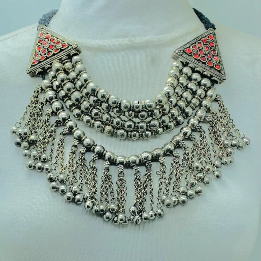 Multilayers Silver Metallic Beaded Choker Necklac… - image 4